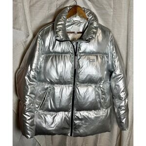 Tommy Icons Puffer Jacket Metallic Silver Shiny‎ Padded Zipper Front Unisex S/P
